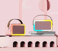 Portable Bluetooth karaoke speaker with microphone in pink, white, or sky blue colour.