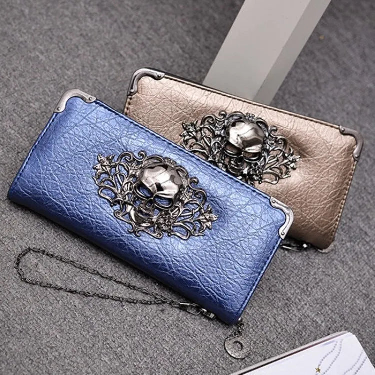 Long zipper PU leather women's wallet in black with card slots and coin pocket