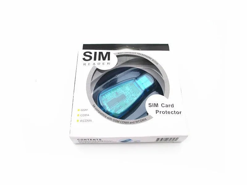 Blue external USB SIM card reader for mobile phone data backup and transfer.
