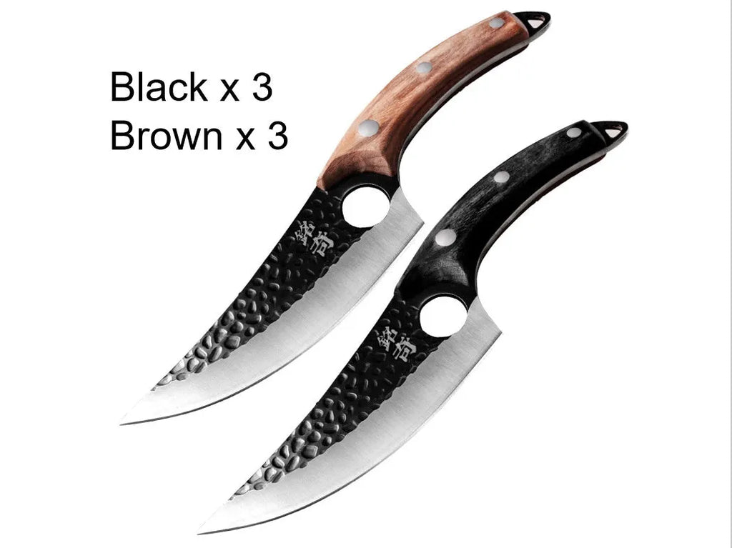 Butcher knife set with curved scimitar blade and straight boning knife in leather sheath