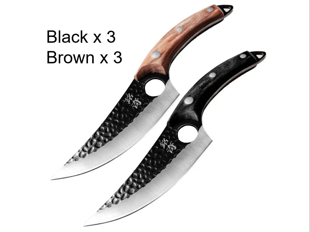 Butcher knife set with curved scimitar blade and straight boning knife in leather sheath