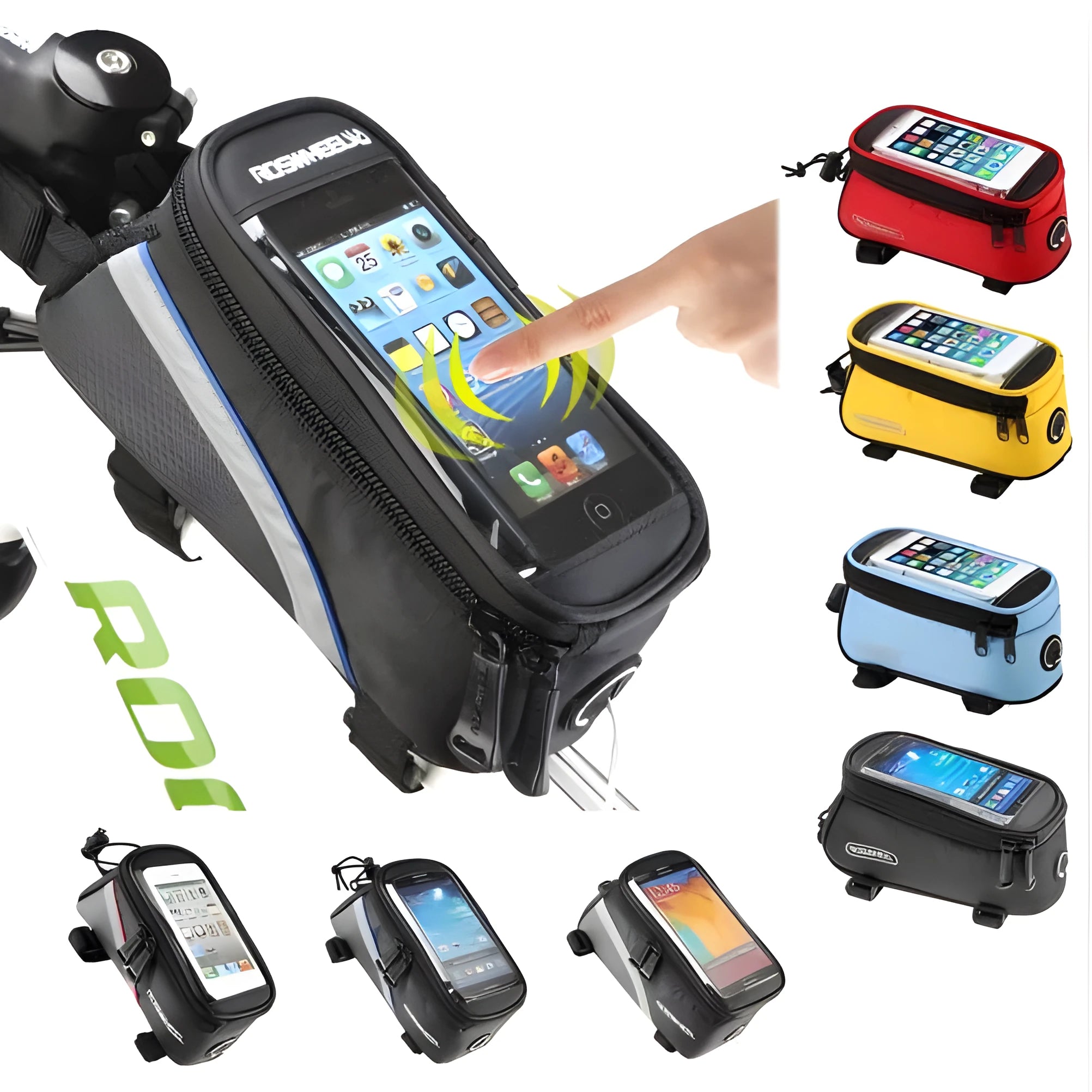 ROSWHEEL black PVC bicycle frame phone bag holder mounted on a bike, showing iPhone compatibility.