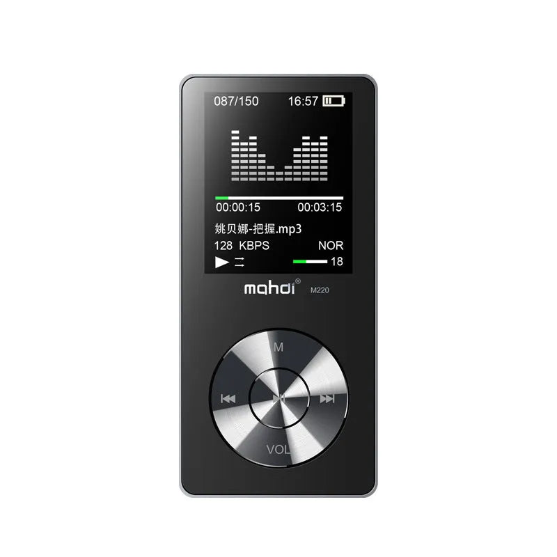 Compact metal MP3 music player with 1.8-inch screen in gold, silver, or black colours