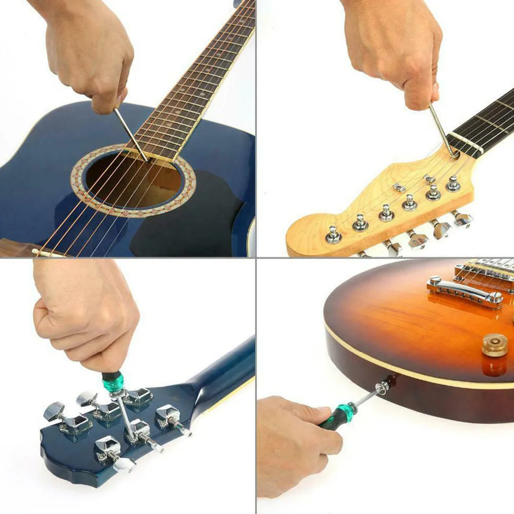 Black plastic case open to reveal metal guitar repair tools for maintenance of guitars, basses, mandolins, and banjos.