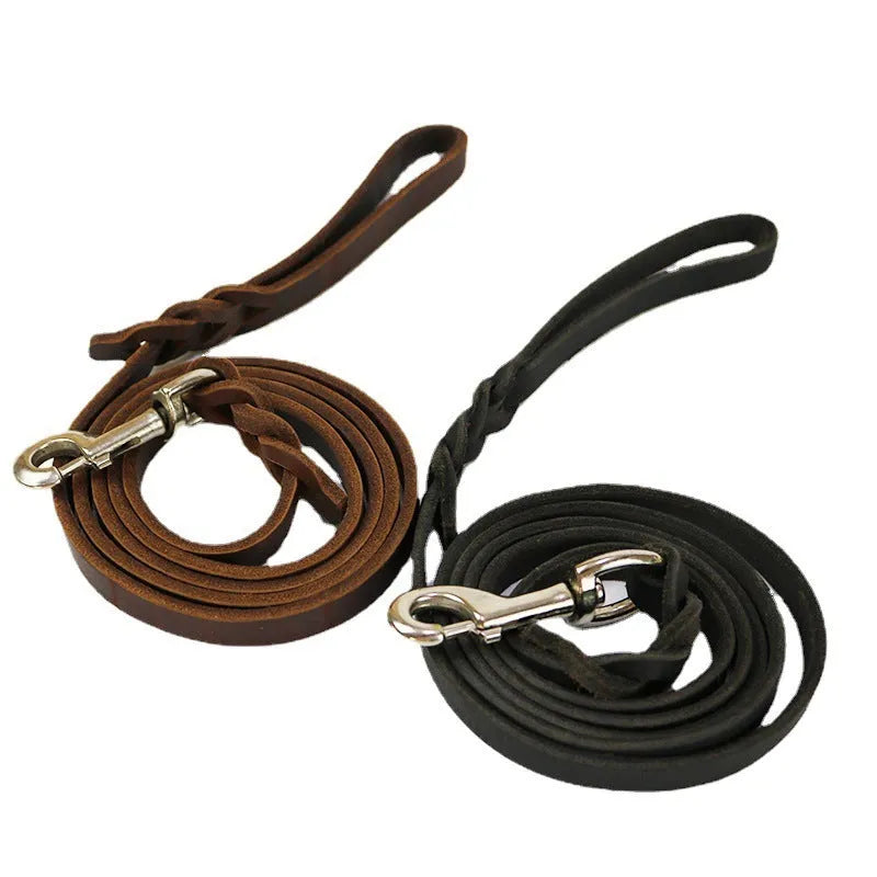 Thickened cowhide leather dog walking rope in light brown colour with hand-held loop