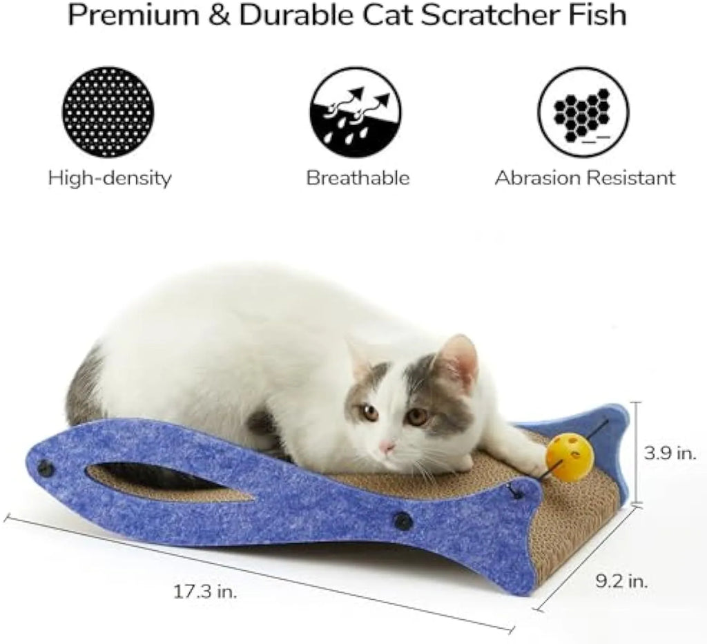 Blue fish-shaped cat scratcher lounge with bell ball toy on elastic cord