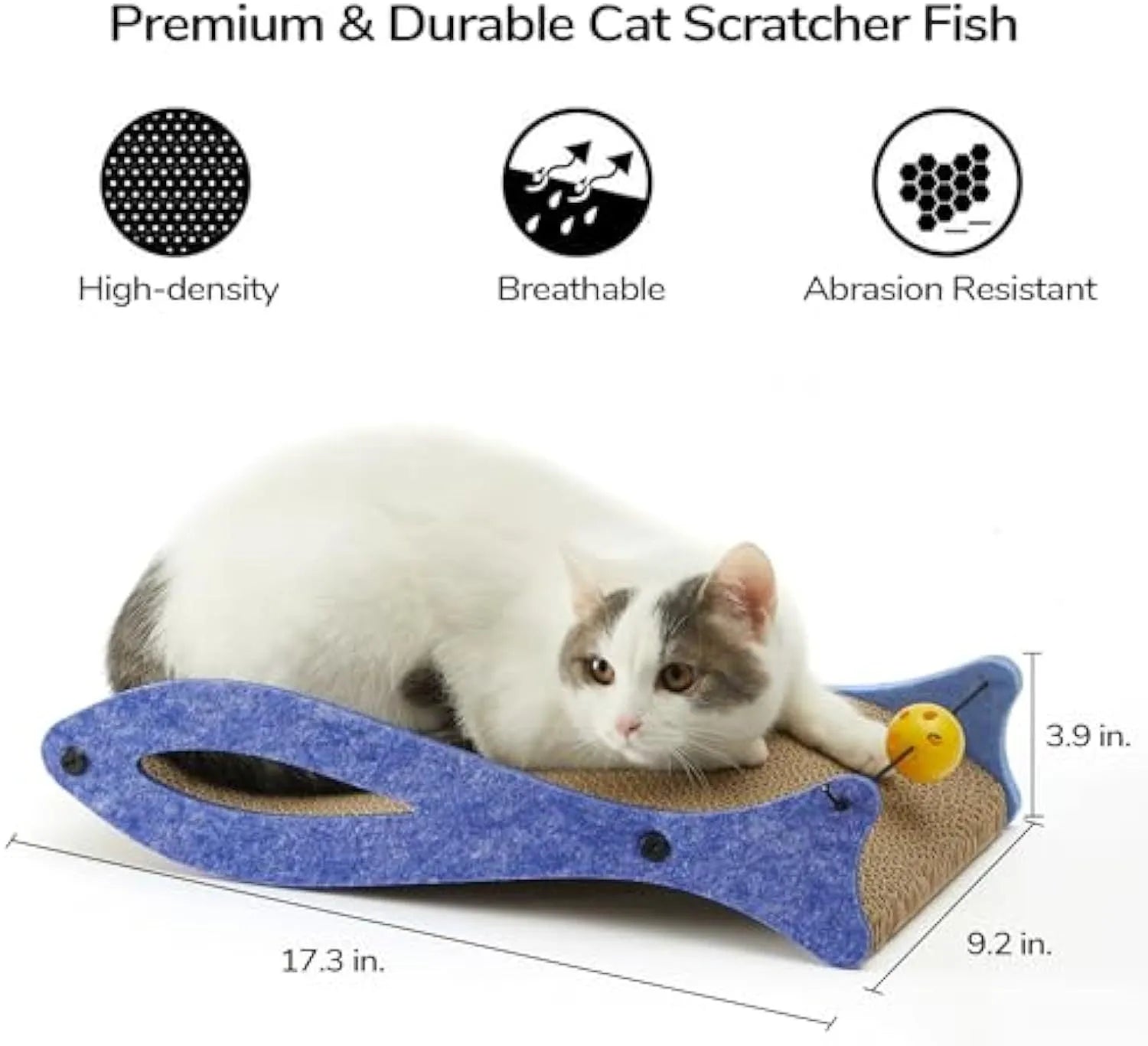 Blue fish-shaped cat scratcher lounge with bell ball toy on elastic cord
