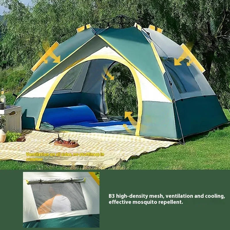 Dark green and silver 3-4 person quick open camping tent with guylines pegged out.