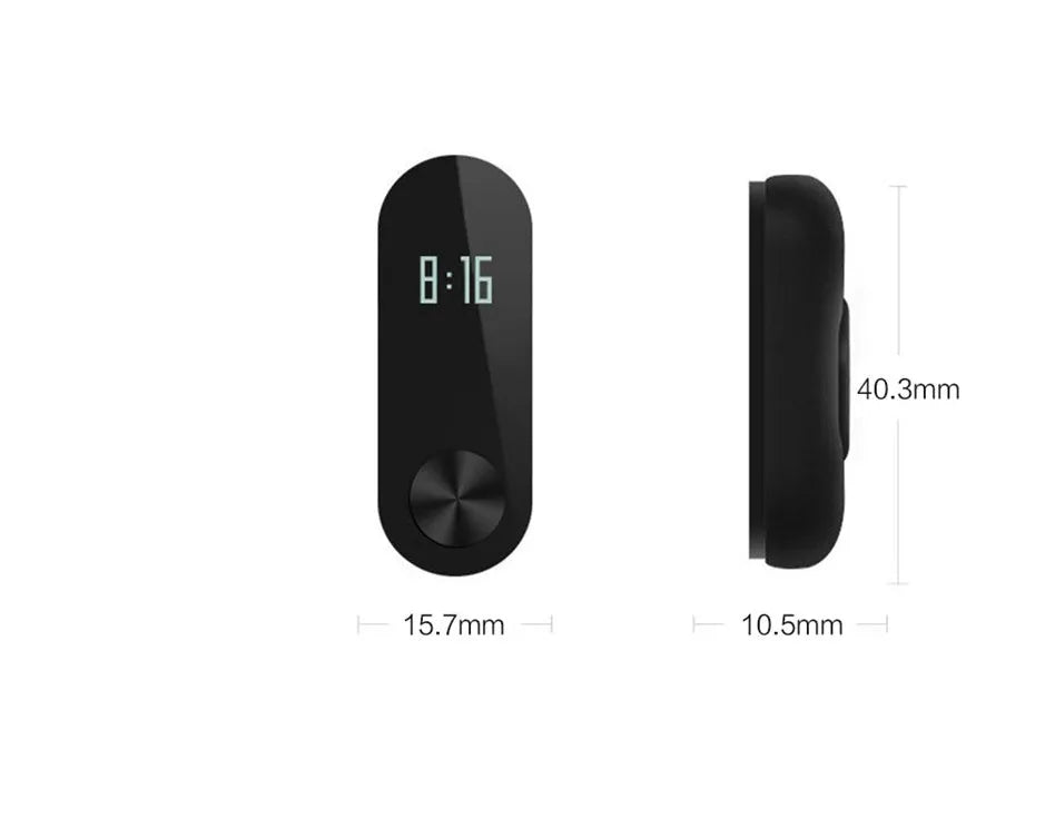 Black Xiaomi Mi Band 2 fitness tracker on wrist showing OLED display with heart rate reading