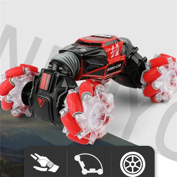 4WD RC stunt car in red with gesture remote control, morphing off-road design, plastic construction
