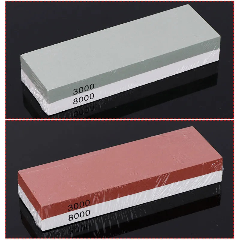 White corundum double-sided whetstone with 3000/8000 grit and bamboo base from five-piece kitchen sharpening set