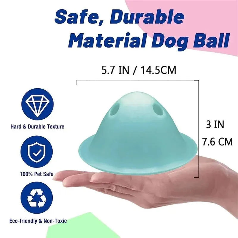 Green interactive dog puzzle chew toy with hidden treat slots on a wooden floor.