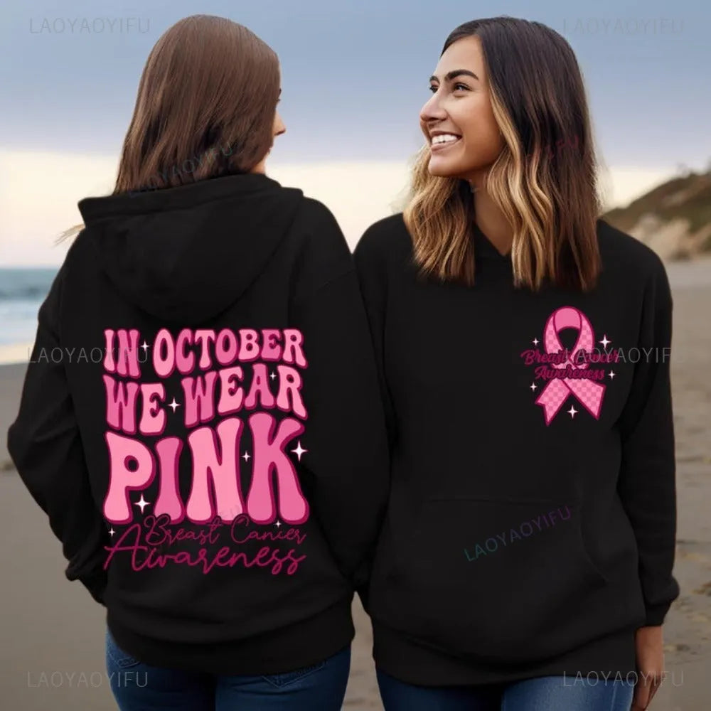 Pink Breast Cancer Awareness pullover hoodie with art retro design and a side seam pocket.