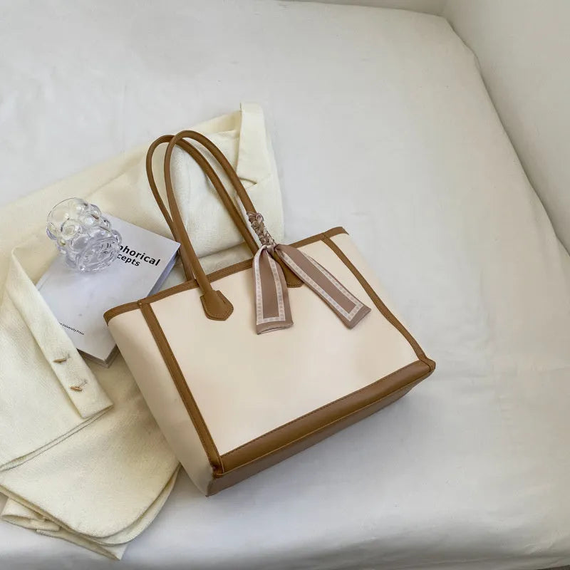 Soft PU leather horizontal square tote shoulder bag with open outer pocket