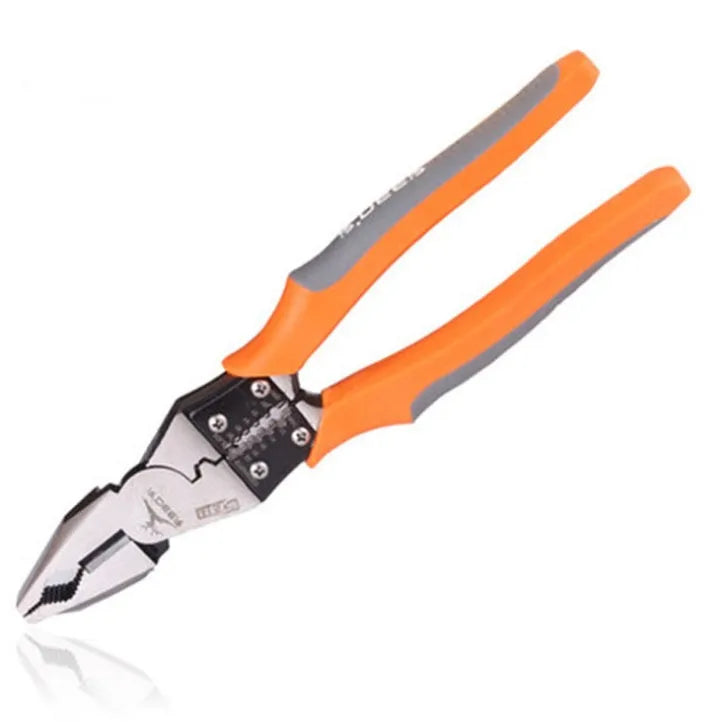 Orange-handled multi-function wire cutter pliers with chrome steel clamp head on a work surface