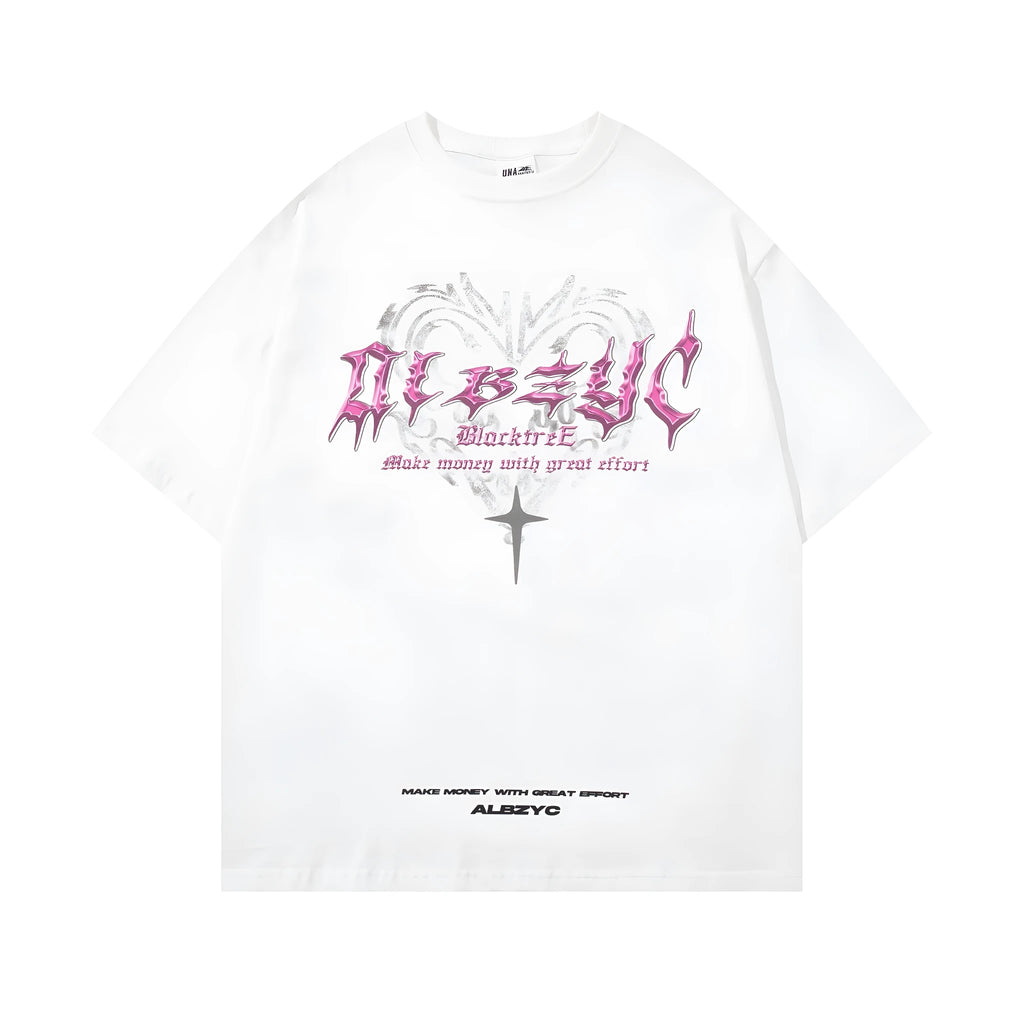 Men's black and white retro printed cotton T-shirt with short sleeves and loose fit