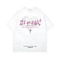 Men's black and white retro printed cotton T-shirt with short sleeves and loose fit