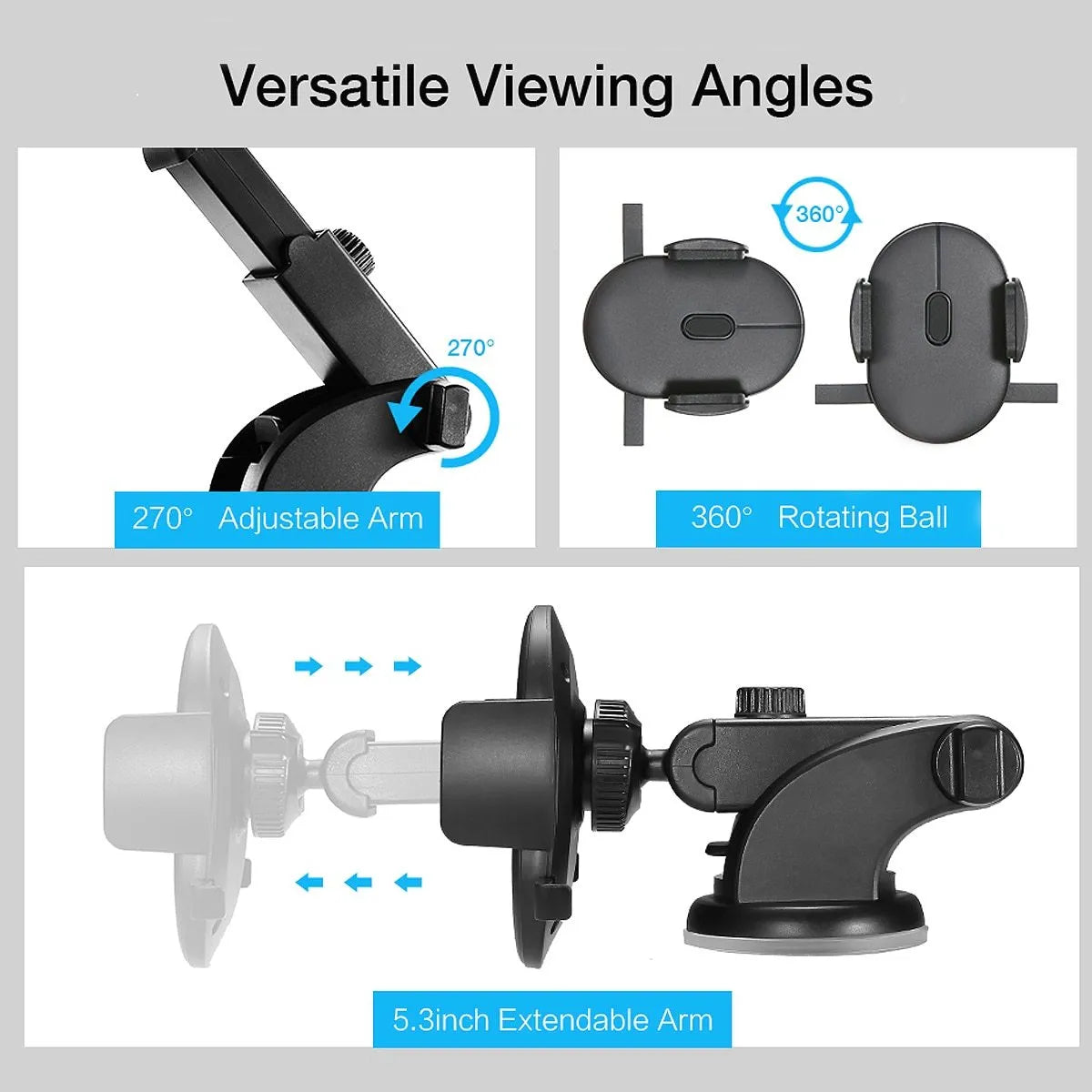 Black telescopic car phone holder with suction cup mount extended on a car dashboard.