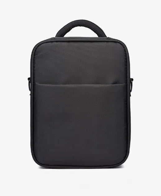 Black Oxford fabric men's messenger bag showing shoulder strap and front panel