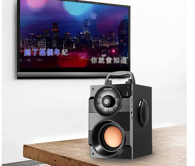 Portable mini home audio system with subwoofer, main unit, satellite boxes, and 1.2-metre connection cable