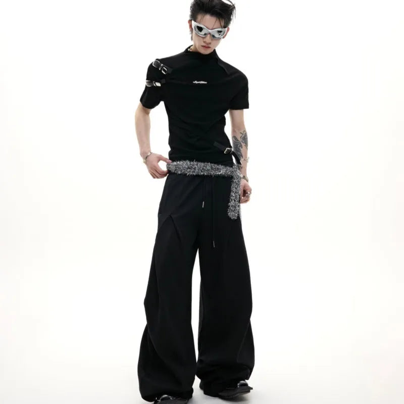 Men's black slim fit cotton T-shirt with metal belt detail and stand-up collar.