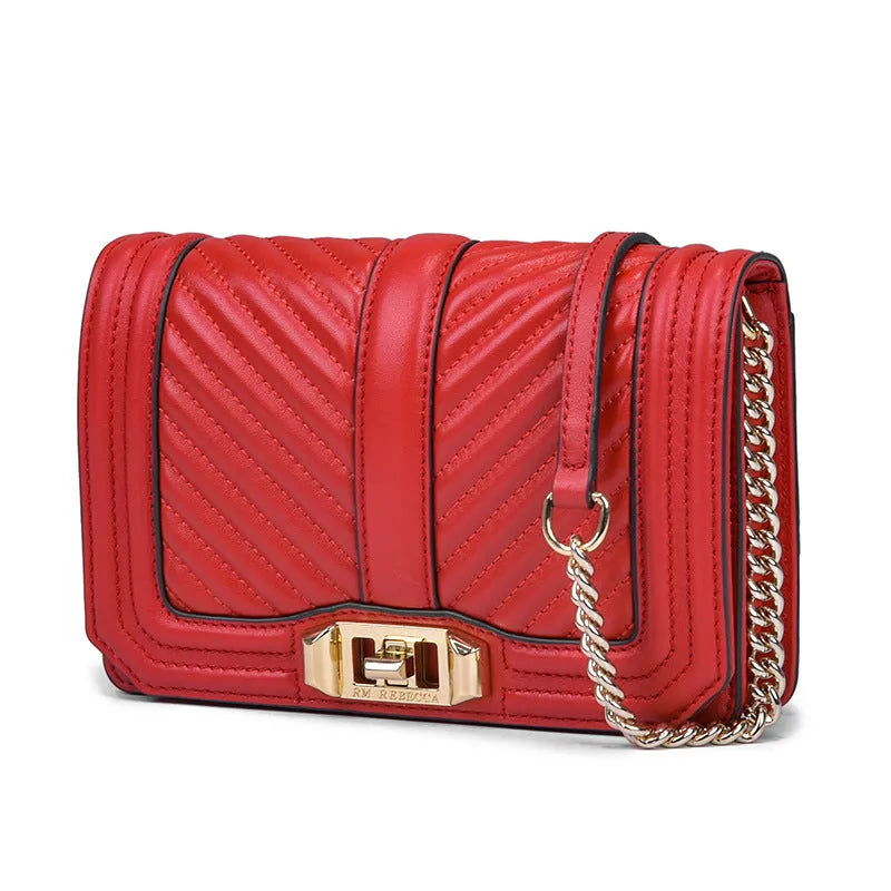 Women's shoulder chain bag in first layer cowhide with plaid pattern and chain strap, square shape