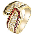 Gold-coloured peridot ring on display with alloy construction and women's sizing options