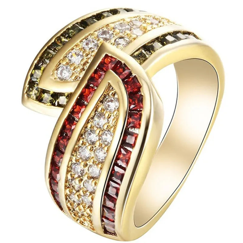 Gold-coloured peridot ring on display with alloy construction and women's sizing options
