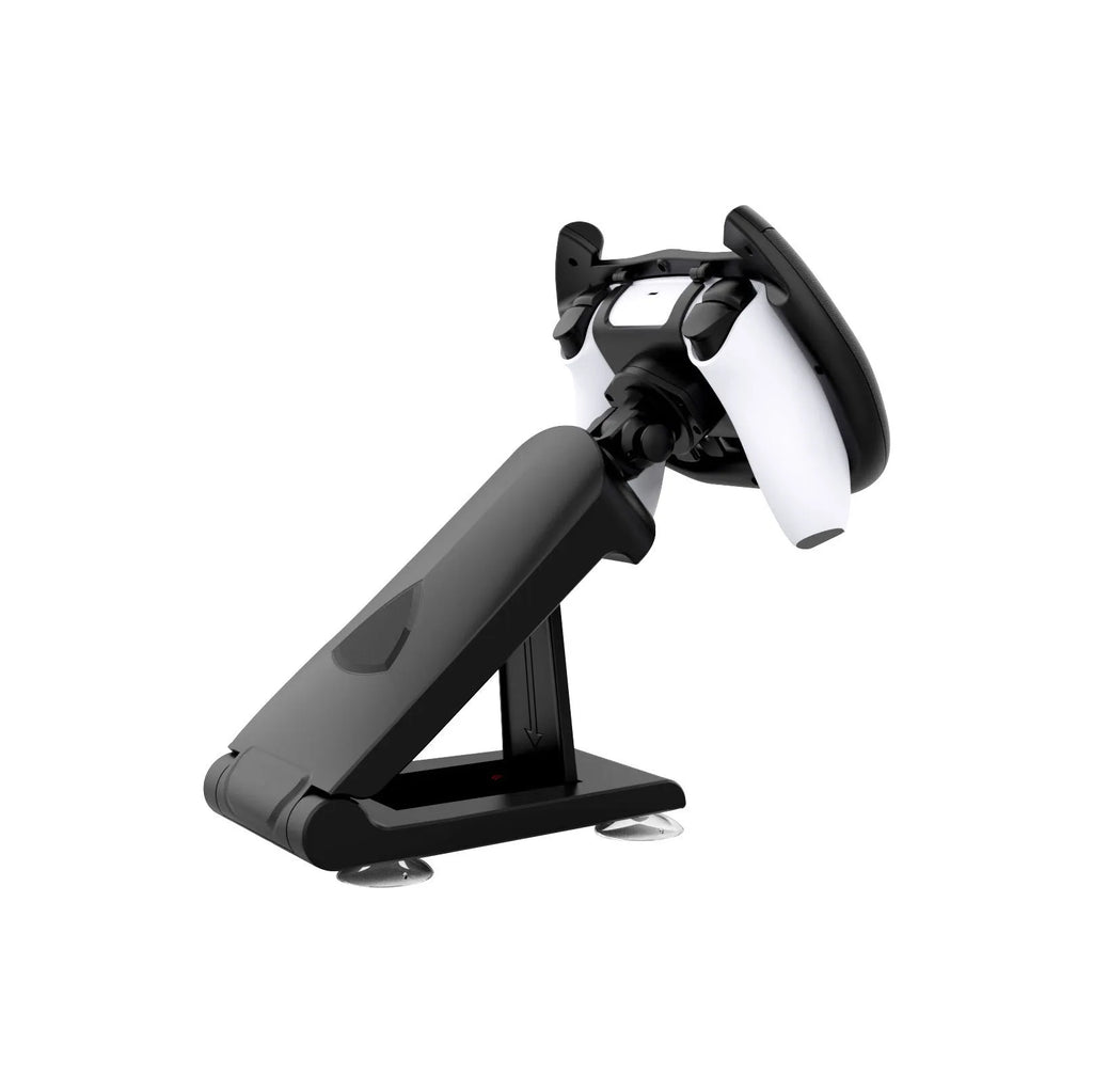 Black ABS plastic universal gamepad steering wheel bracket with a suction cup for mobile phones.