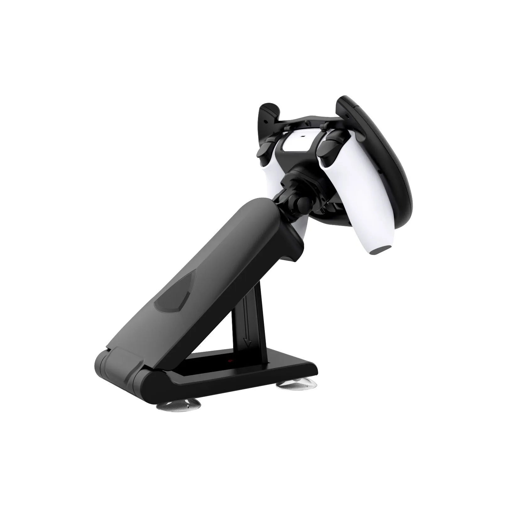 Black ABS plastic universal gamepad steering wheel bracket with a suction cup for mobile phones.