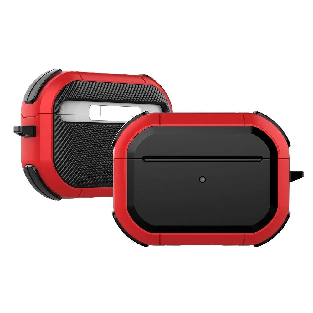 Black TPU and PC protective case for AirPods 1, 2 and Pro models on a white background.