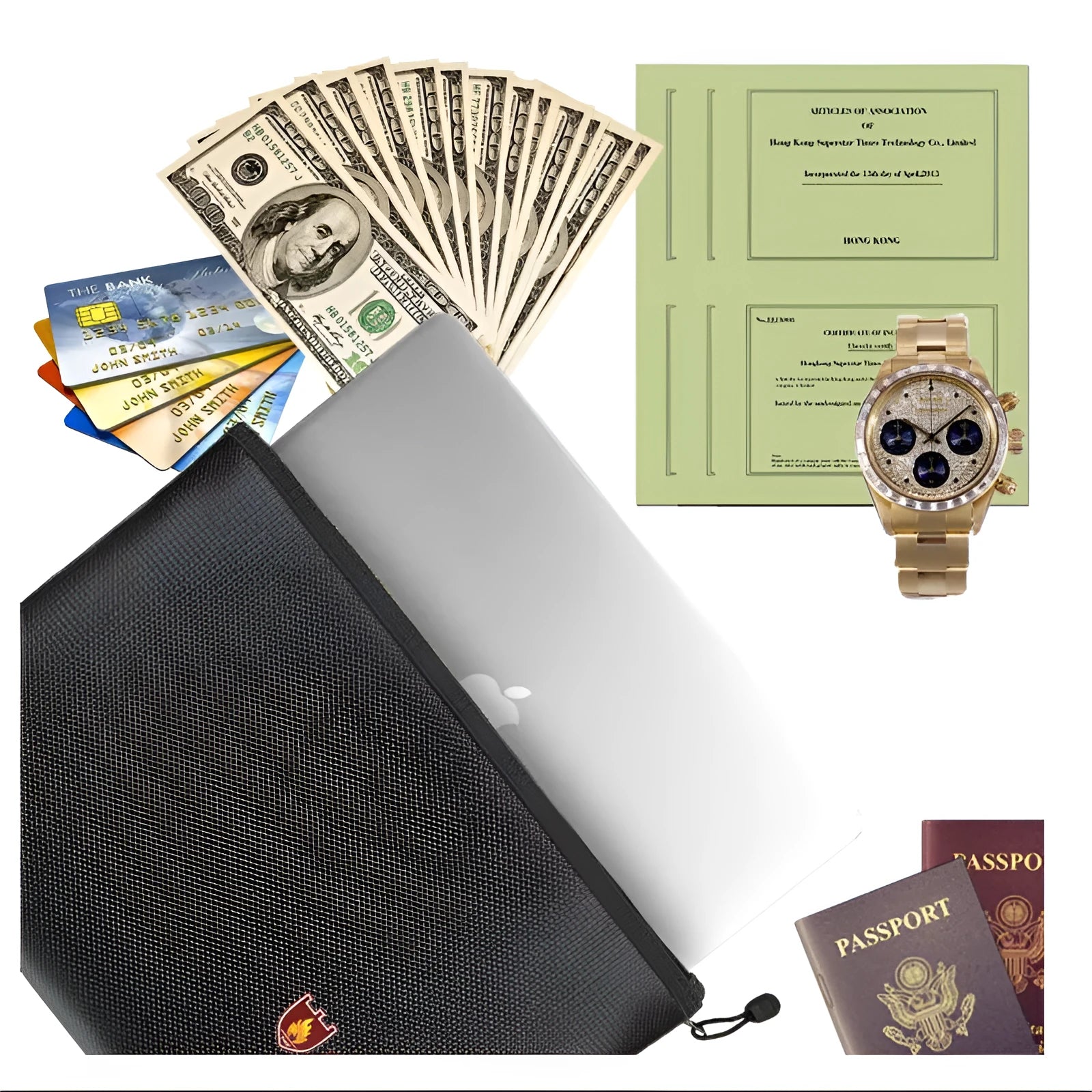 Black fire-proof contract document bag shown in small, medium, and large sizes