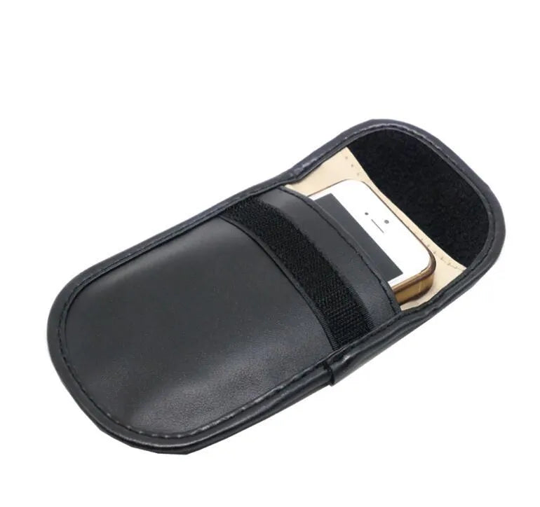 Black rectangular microfiber RFID shielding bag for car keys and bank cards.