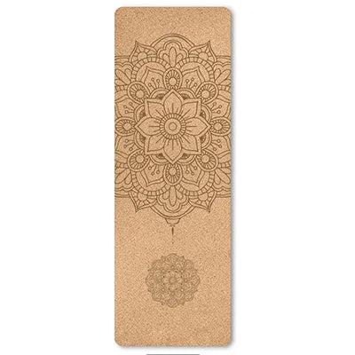 Cork TPE yoga mat on floor, 183x61cm, non-slip surface shown with subtle cork texture and TPE back