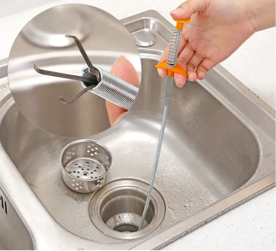Flexible plastic and stainless steel drain cleaning spring tool with rubber grip for household pipe maintenance