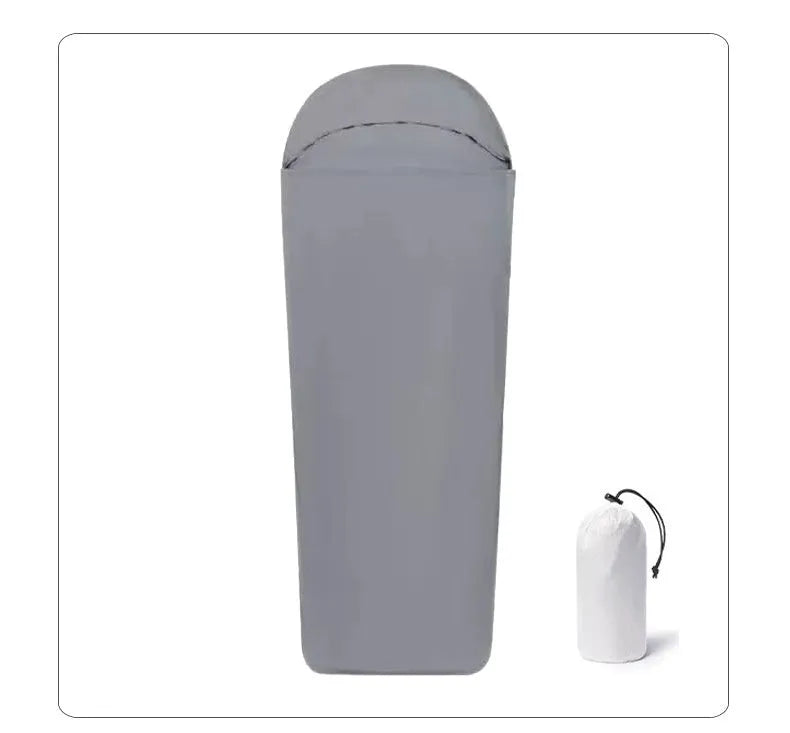 Blue and green mummy-style nylon camping sleeping bag for adults, showing packed size.