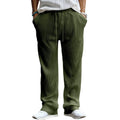 Men's loose straight leg striped casual trousers in army green on a plain background