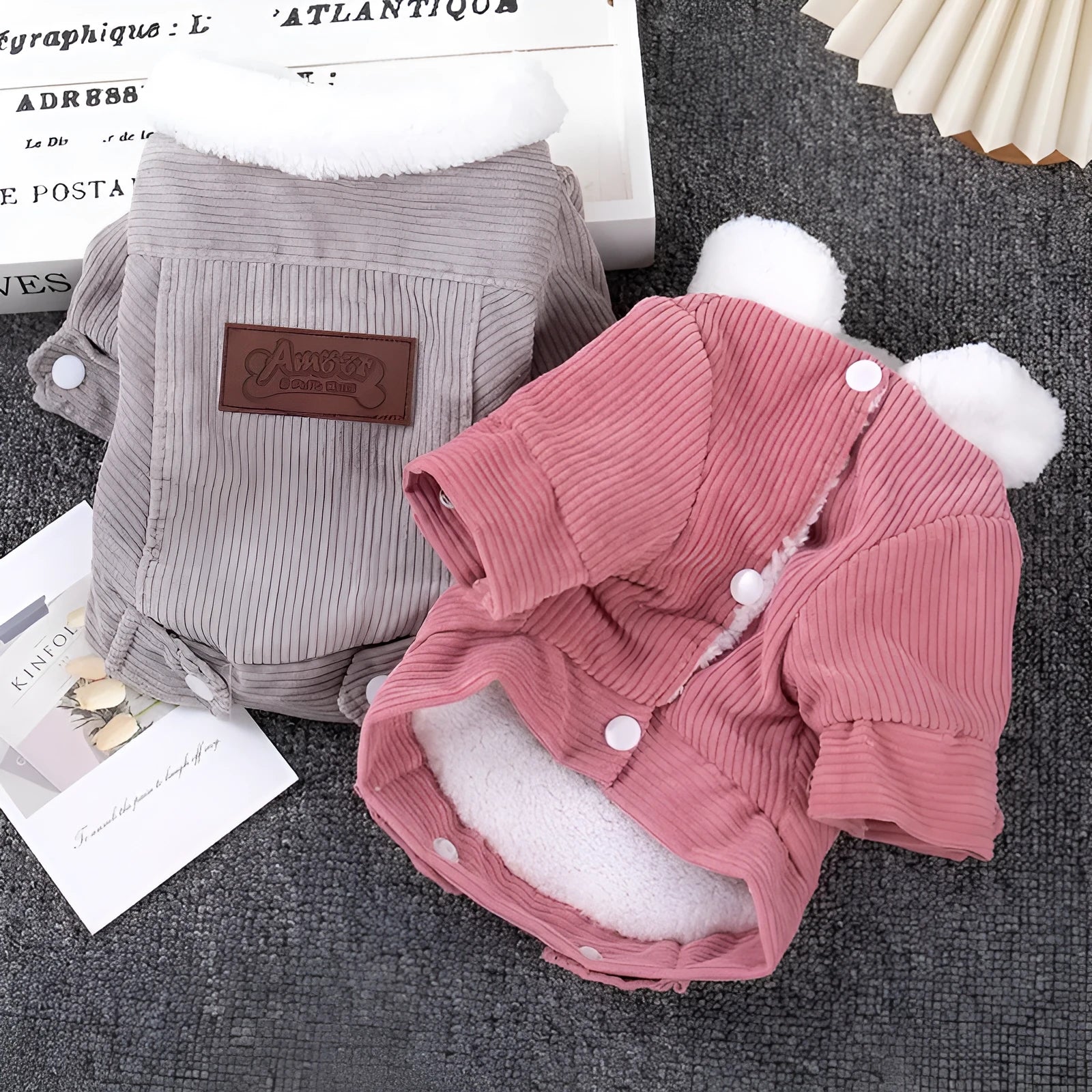Lambswool fleece-lined vest for dogs and cats in grey or pink, sizes XS to XXL