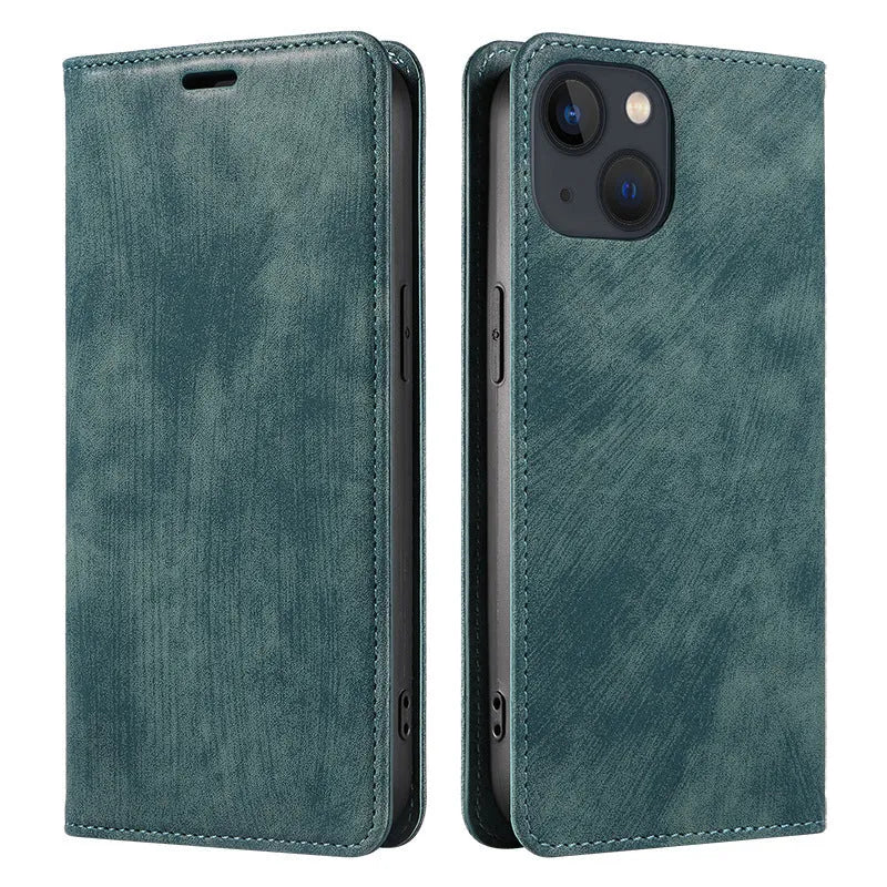 Magnetic flip leather phone case for iPhone in solid colours including red and blue.
