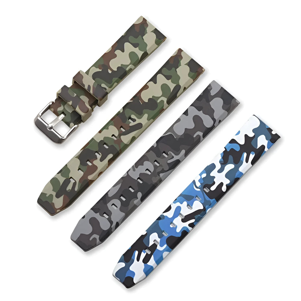 Camouflage silicone watch strap in green, blue, and grey patterns showing flat head lugs and 20mm 22mm 24mm size options