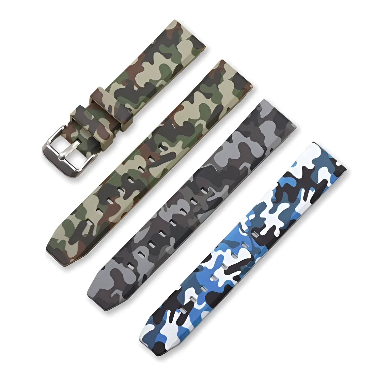 Camouflage silicone watch strap in green, blue, and grey patterns showing flat head lugs and 20mm 22mm 24mm size options