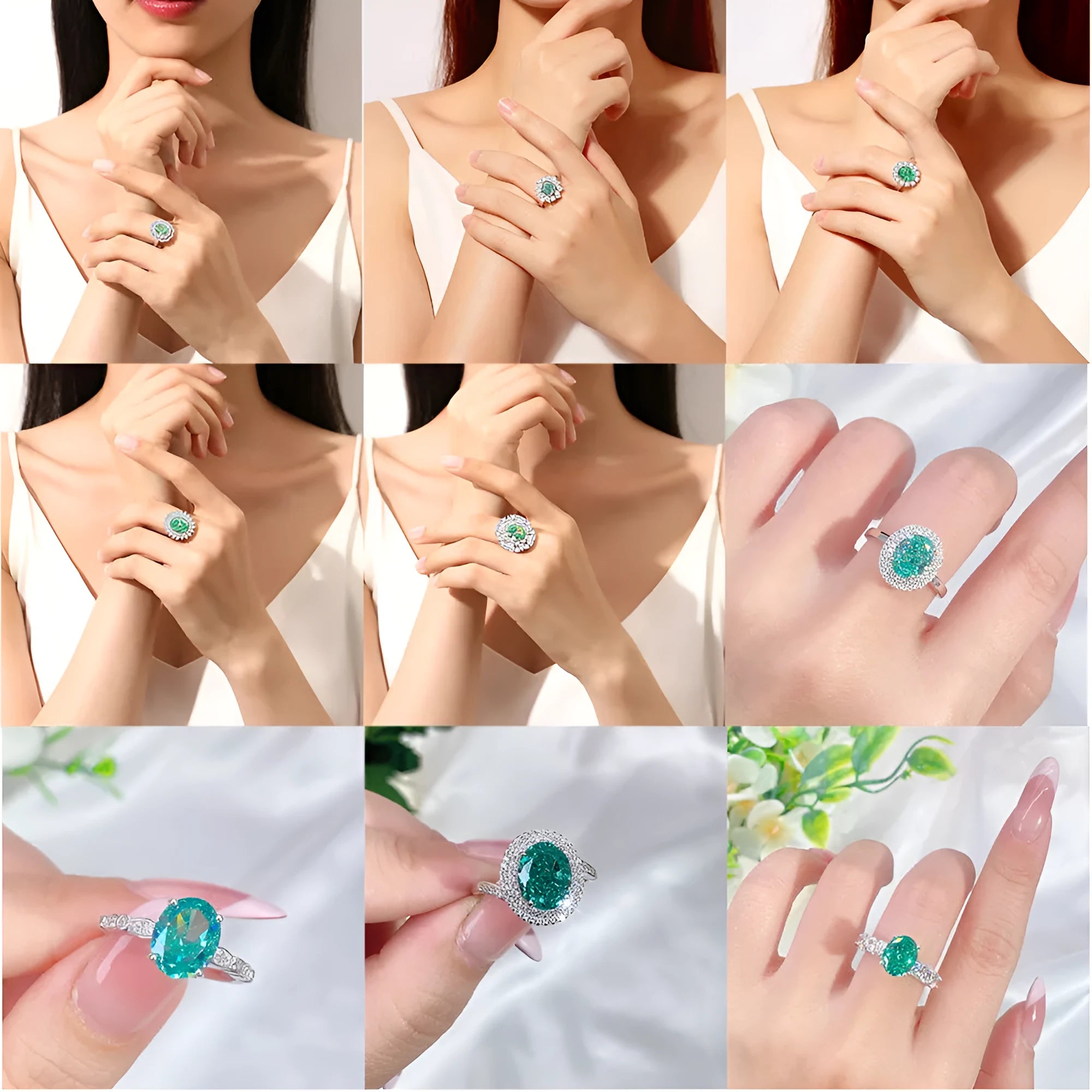 Women's S925 silver ring with emerald stone and high-carbon diamond inlays in geometric ellipse design