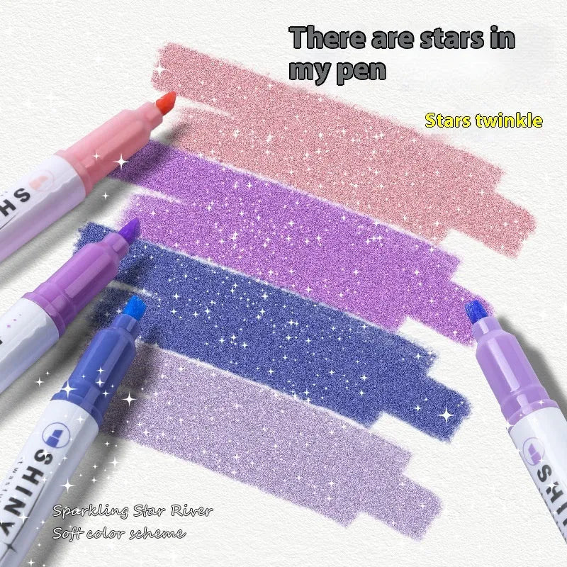 Sparkling Star River glitter highlighter pen set of four with slanted 4mm tips and six glitter ink colour options