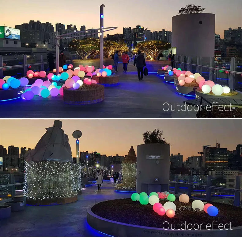 LED spherical garden light with remote control showing multiple colour options