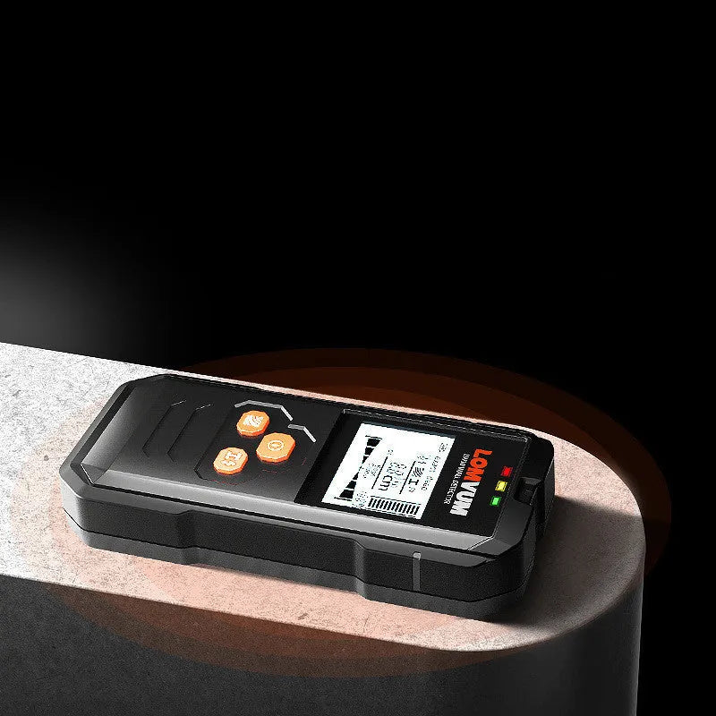 Handheld multifunctional wall detector tool for finding metal, wires, and wood behind walls.