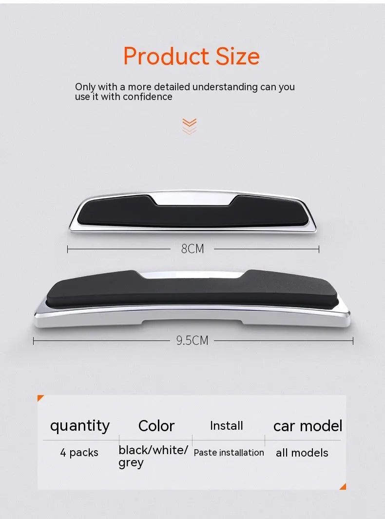 Black car door bumper strip set with four plastic silicone protection strips measuring 9.5 by 2 cm