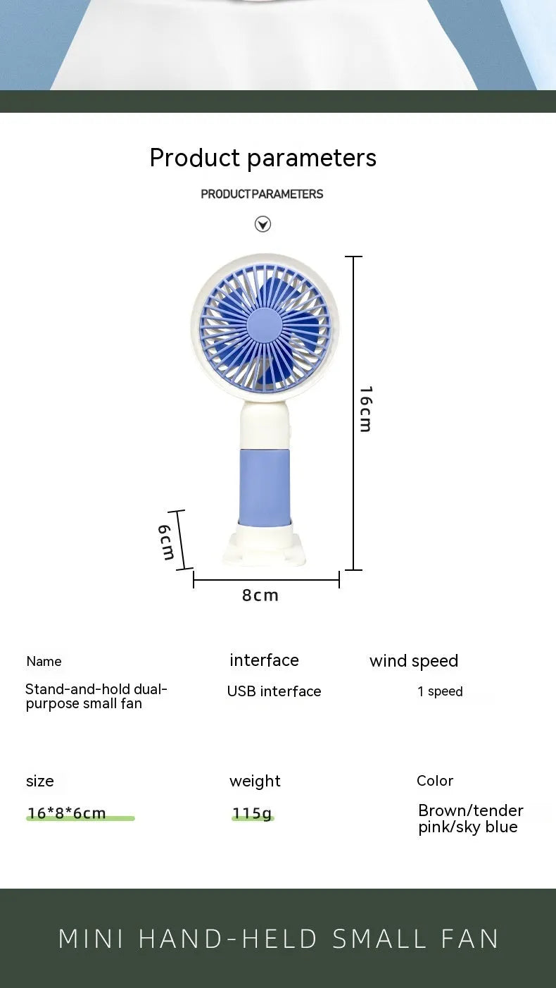 Mini handheld fan with phone holder, plastic blades, USB rechargeable, 16x8x6cm size, pink colour option