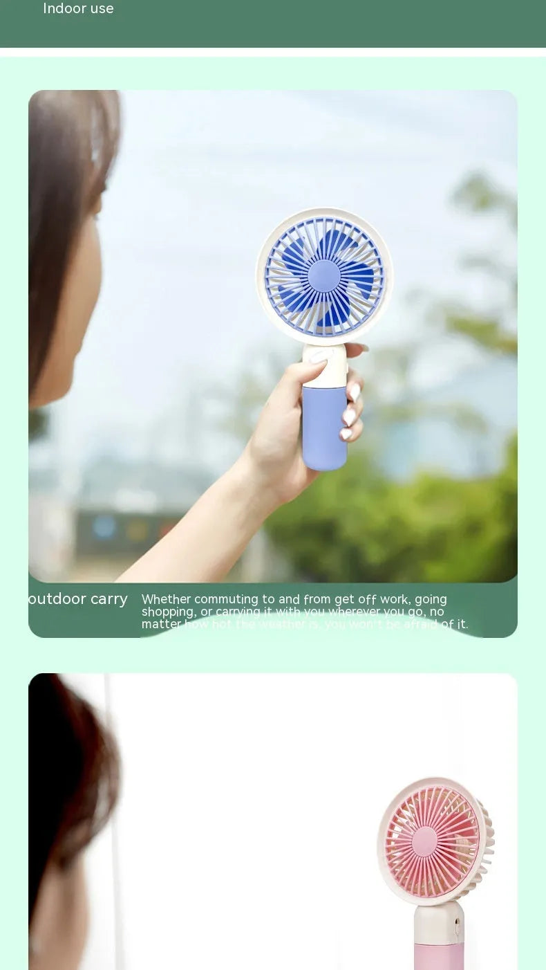 Mini handheld fan with phone holder, plastic blades, USB rechargeable, 16x8x6cm size, pink colour option