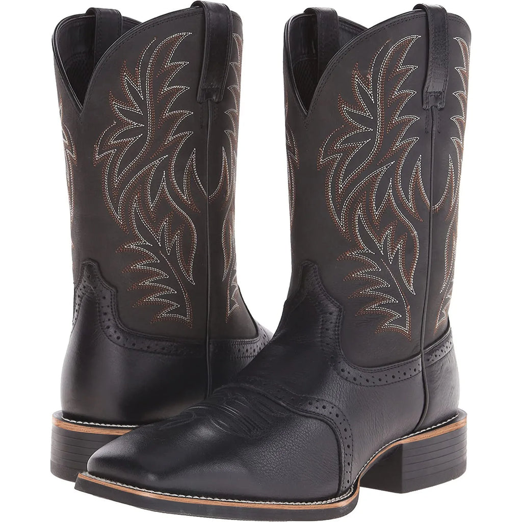 Men's black western cowboy boots with embroidery detail on a square toe and high shaft