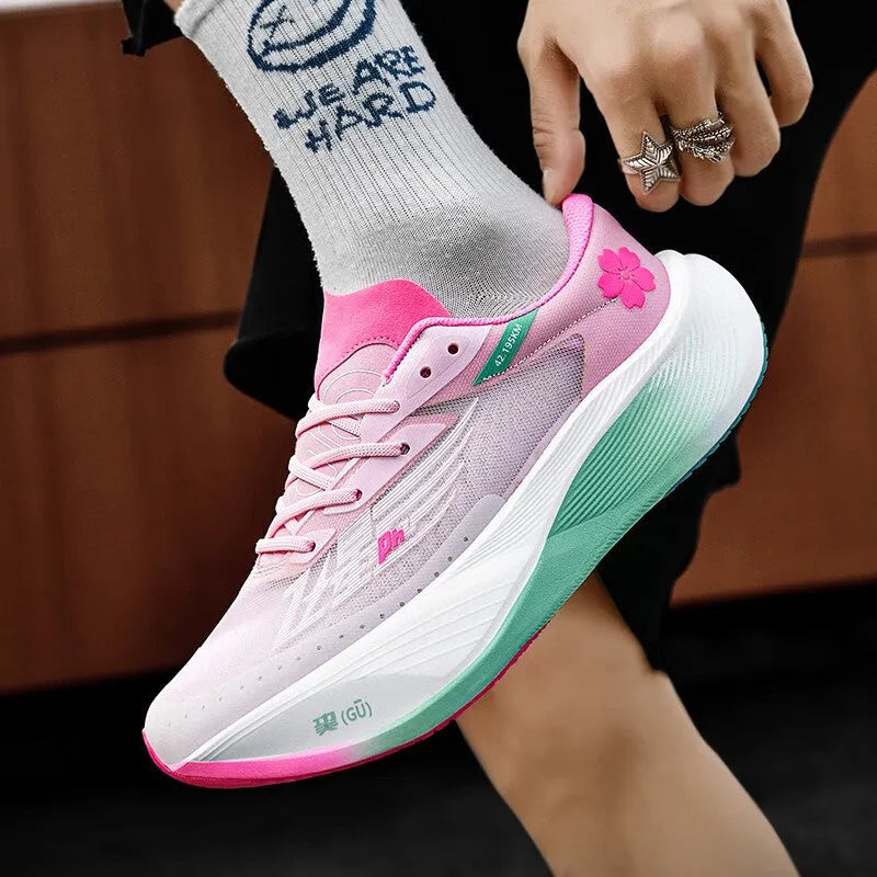 Low-top racing sneakers with carbon plate rebound in glacier, pink green, red blue, or yellow colour options